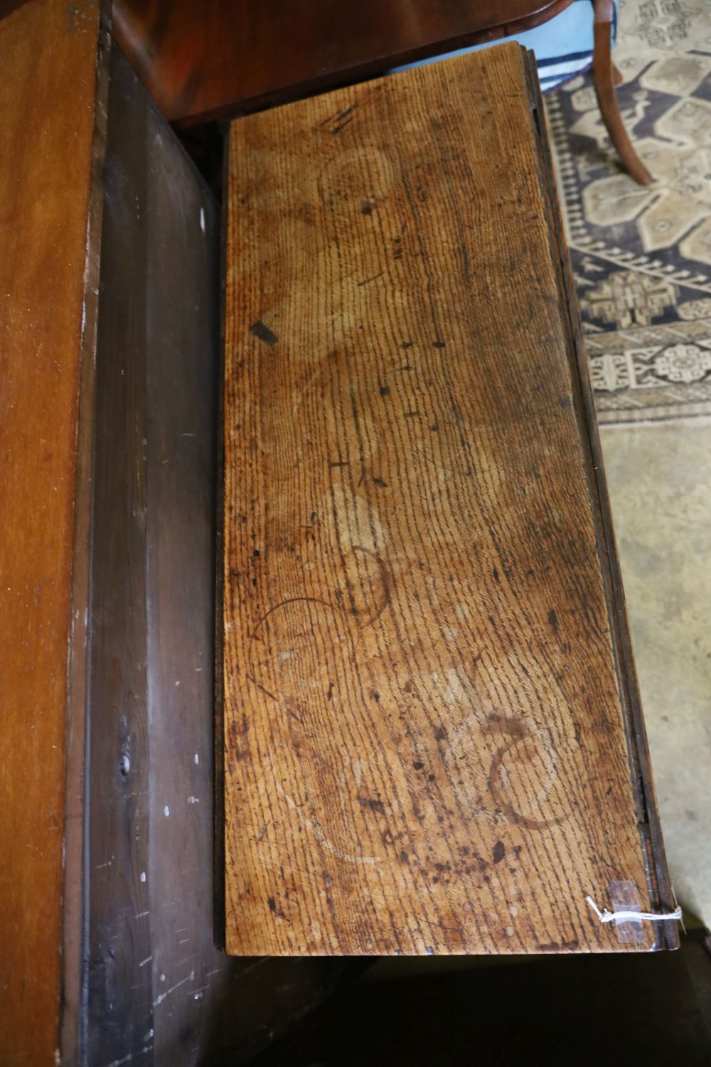 A mid 18th century oak pad foot drop leaf dining table, 110cm, extended, width 92cm, height 72cm